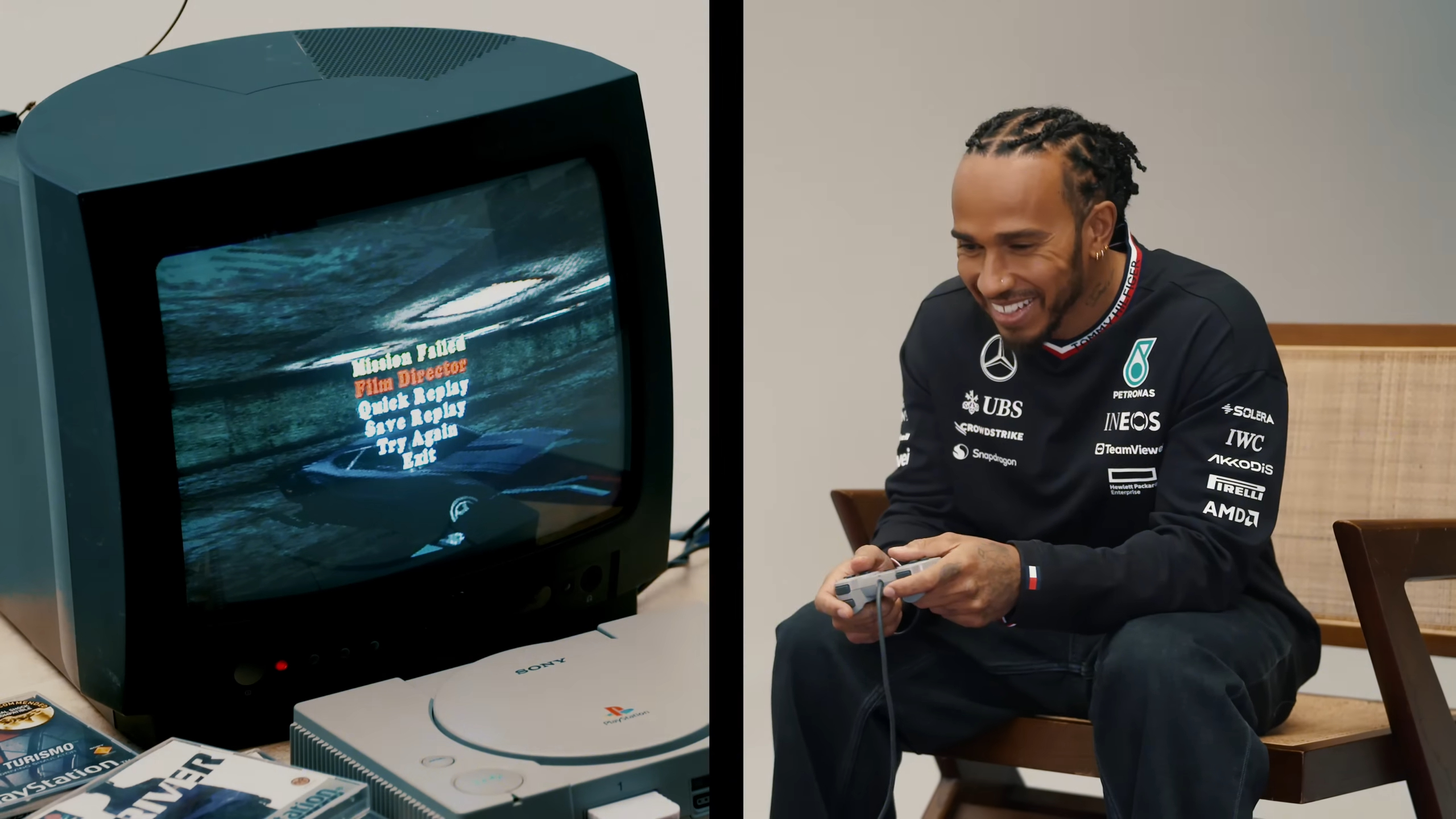 Picture shows Hamilton playing Driver on PS1 on CRT TV. 